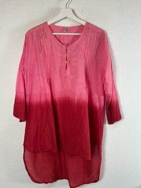 Paths of The Spirit Women Pink Ombre 3/4 Sleeve Embroidered Tunic Top M/L Cotton